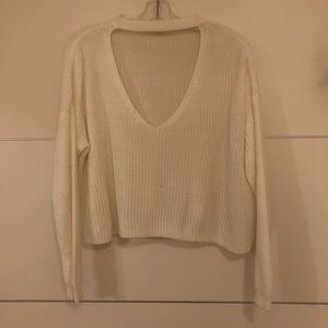 White Crop Sweater with mock cut out neck